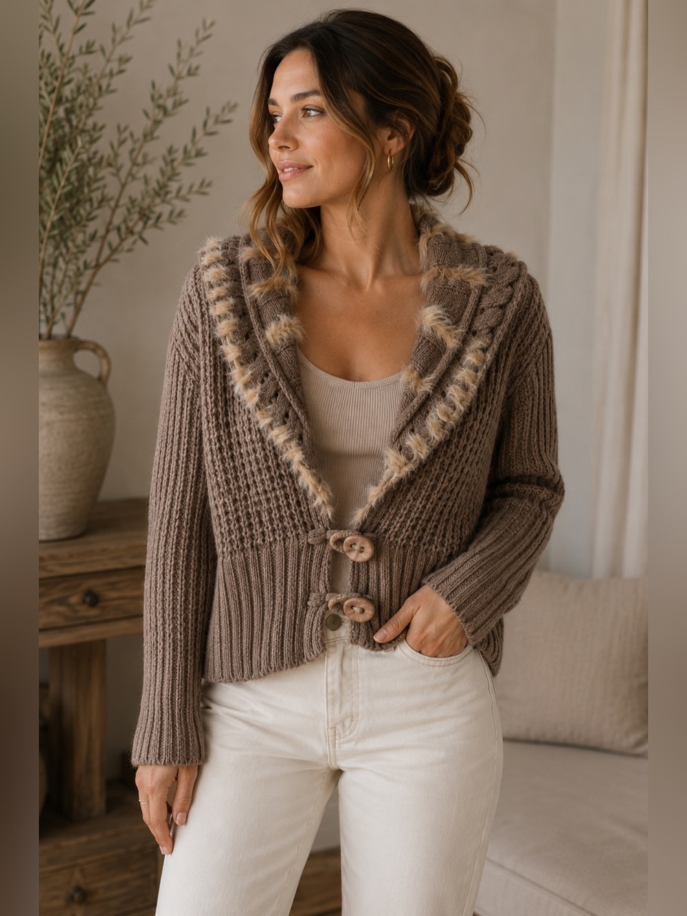 Cartise Taupe Rabbit Fur Trim Cardigan Size M Neutral Luxury Knit Textured Cozy